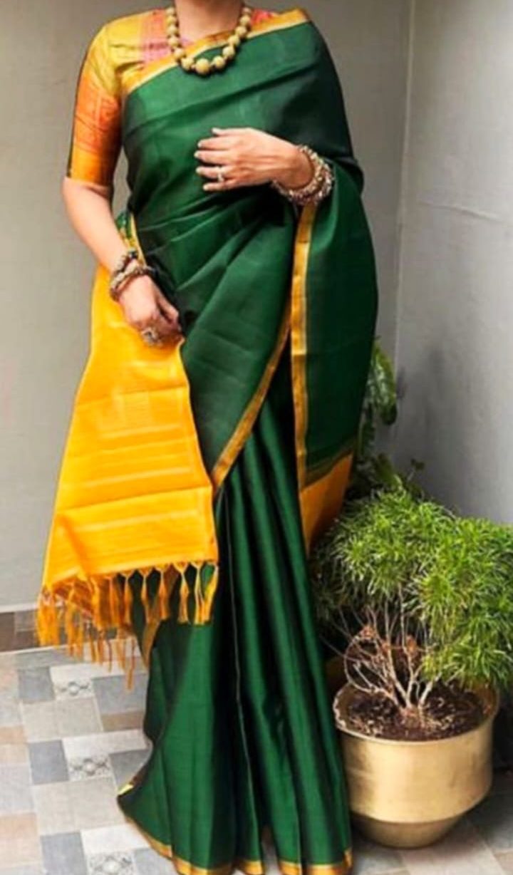 Green And Yellow Pure Kanchipuram Silk Saree