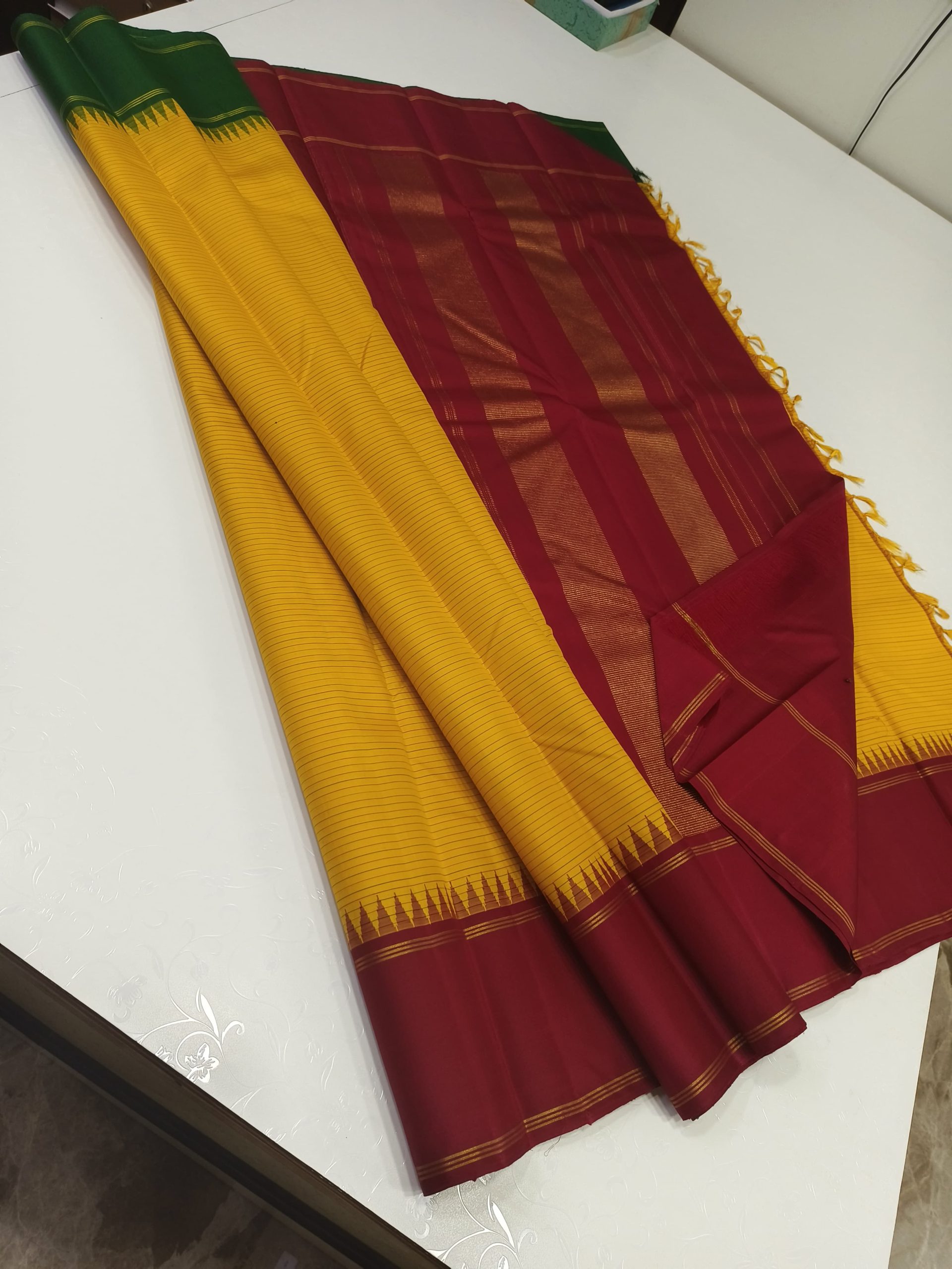 Yellow With Maroon And Green Ganga Jamuna Border Kanchipuram Silk Yellow With Marrow Border - Image 3