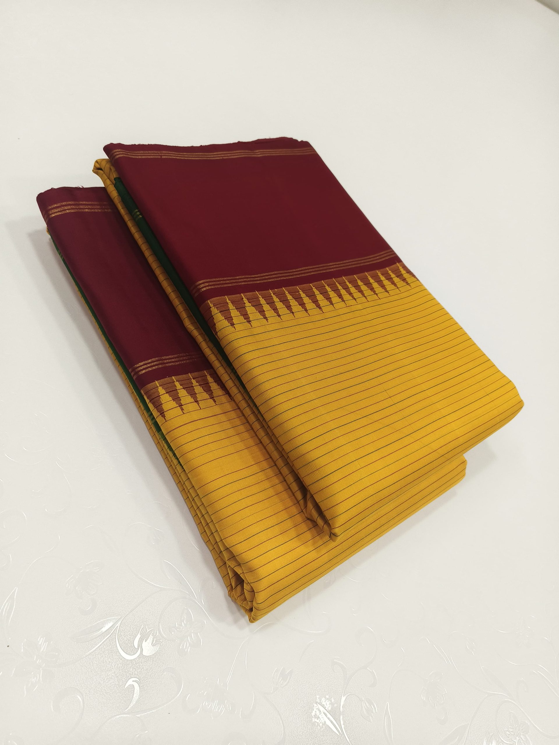 Yellow With Maroon And Green Ganga Jamuna Border Kanchipuram Silk Yellow With Marrow Border - Image 2