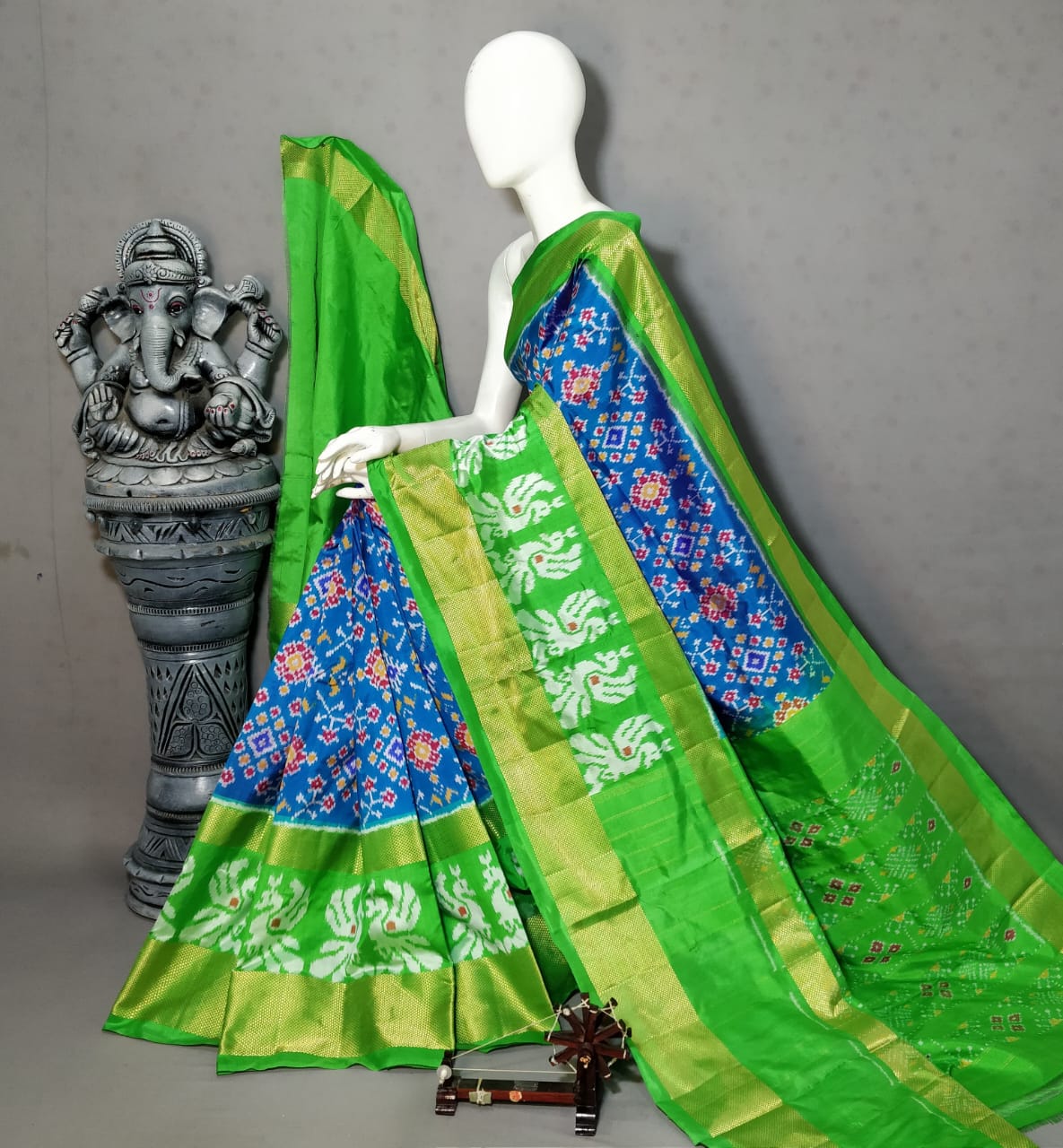 Dark blue with green Broder Pochampally ikkat silk saree