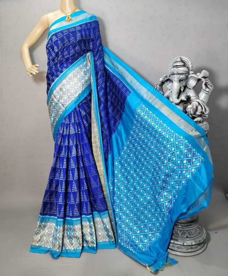 Dark blue with light blue border Pochampally ikkat silk saree