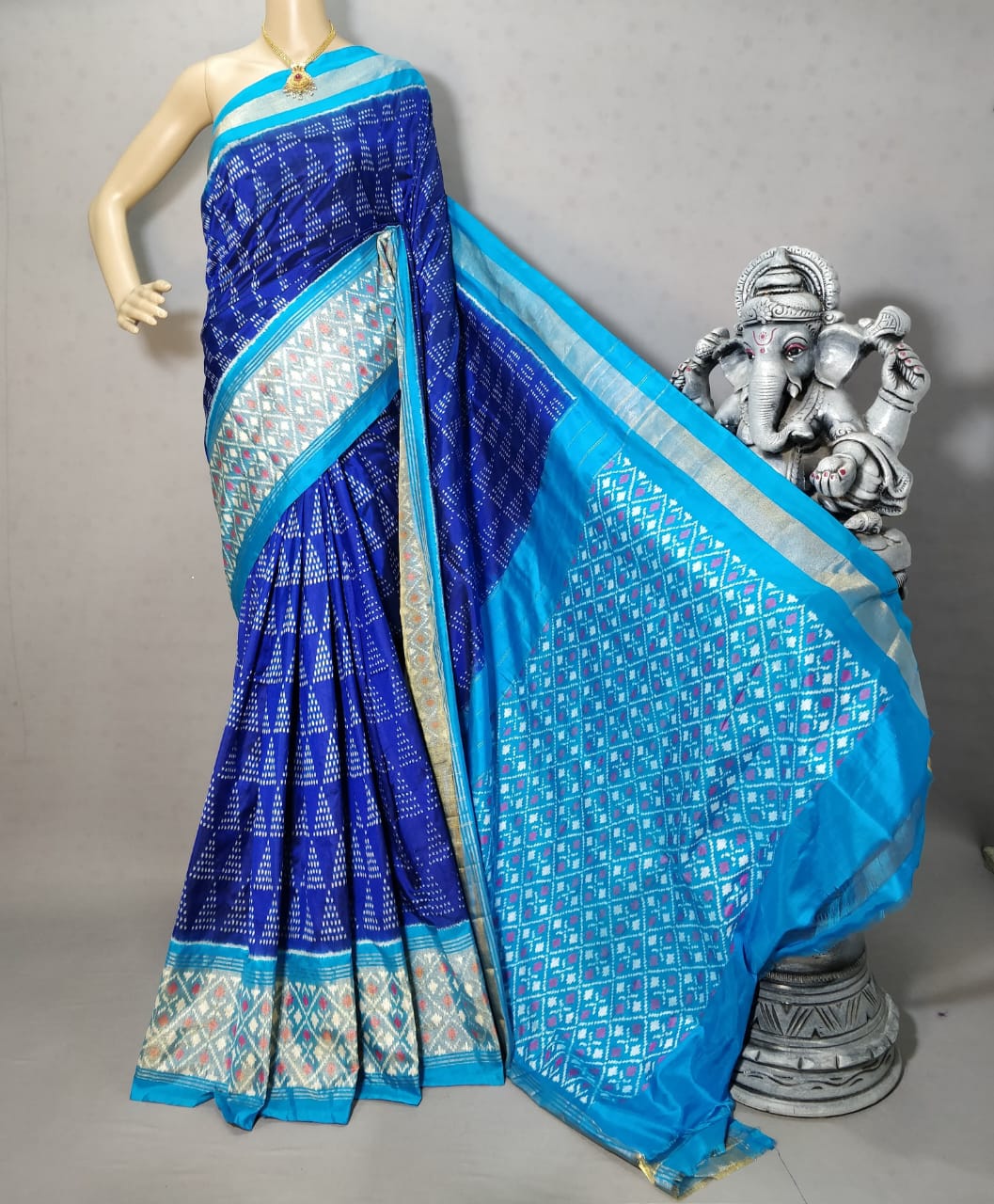 Dark blue with light blue border Pochampally ikkat silk saree