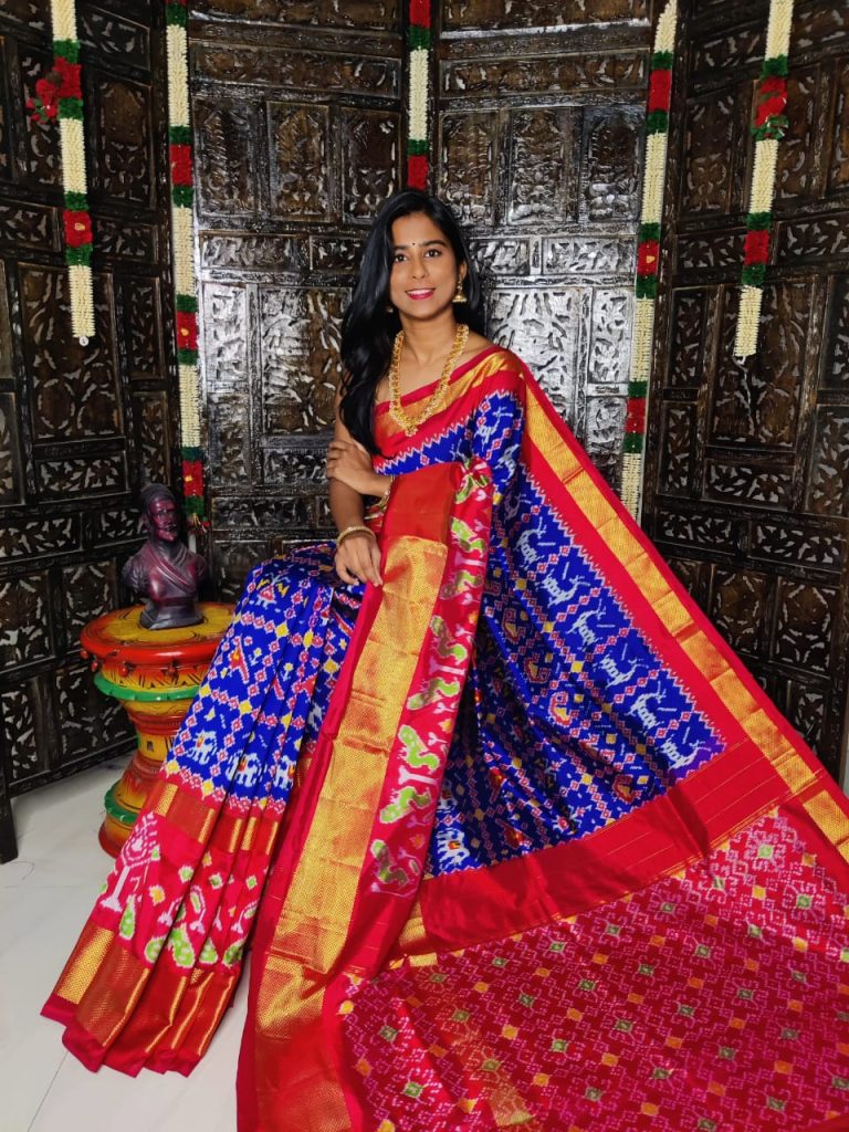 Dark blue with red border Pochampally ikkat silk saree-1