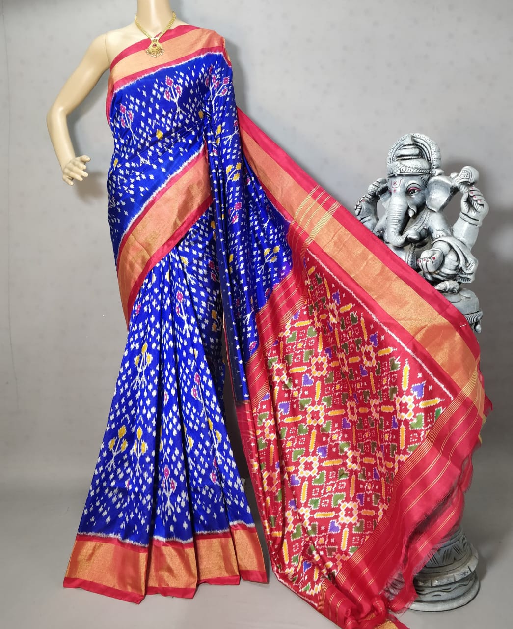 Drak blue with red Border Pochampally ikkat silk saree