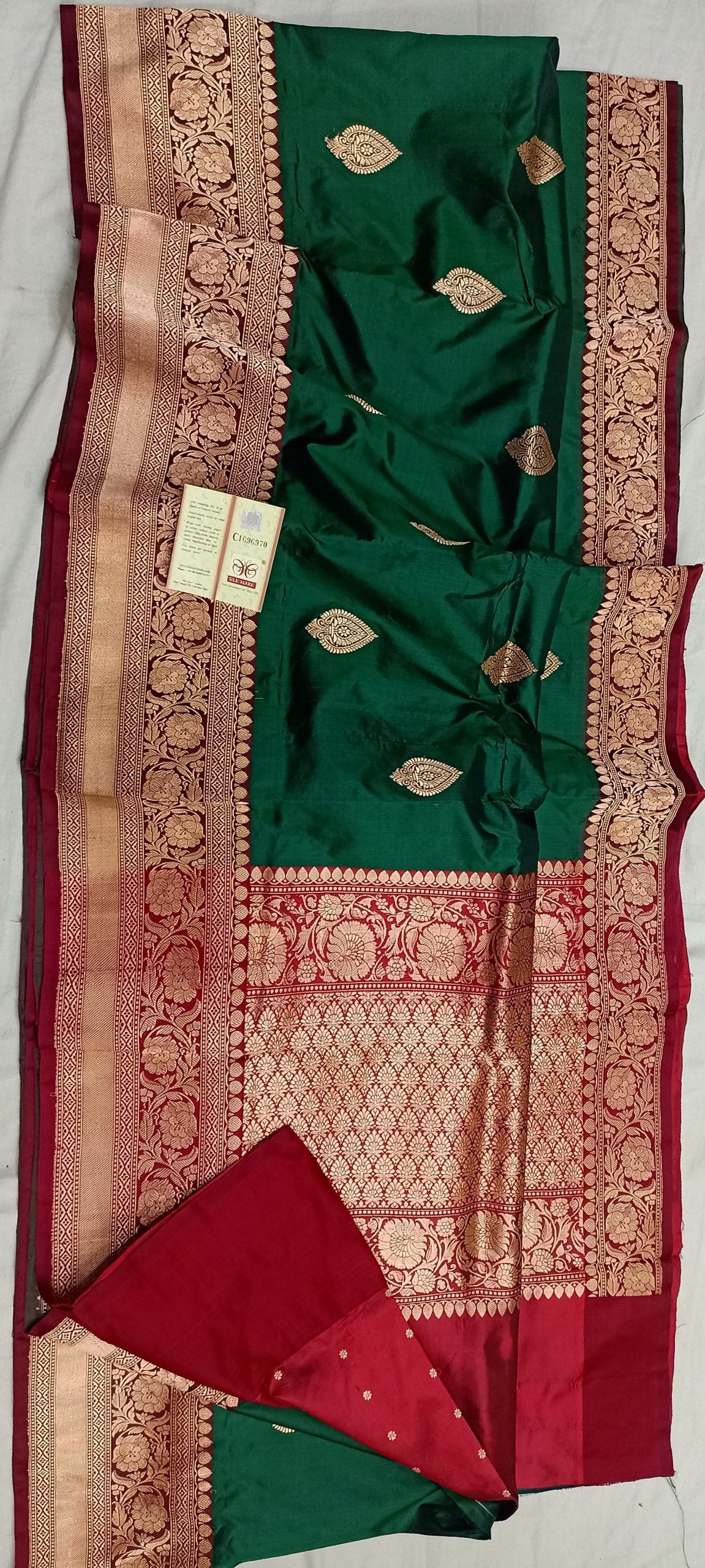 Green With Maroon Border Banarasi Katan Silk Saree