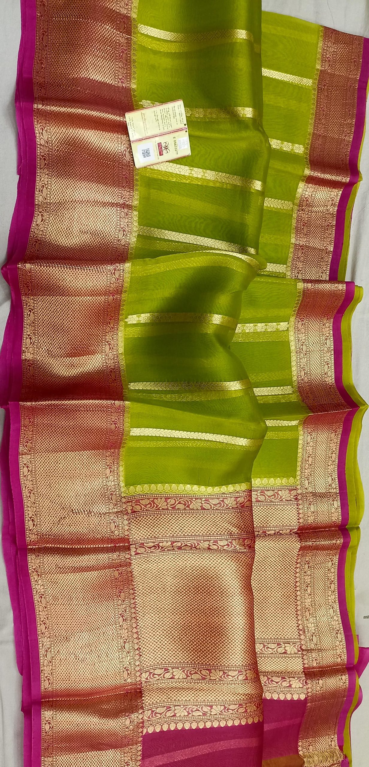 Green With Pink Border Banarasi Tissue Silk Saree