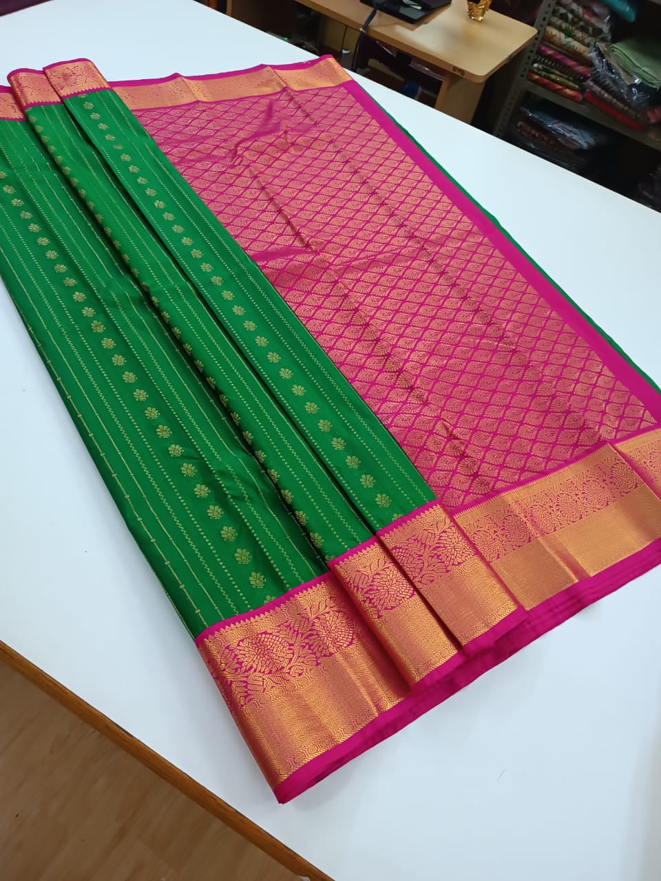 Green With Pink Border Kanjeevaram Semi Silk Saree