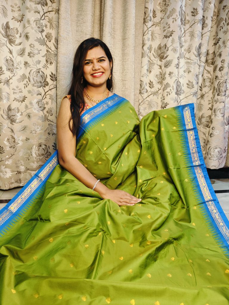Green with Light blue Gadwal semi silk saree