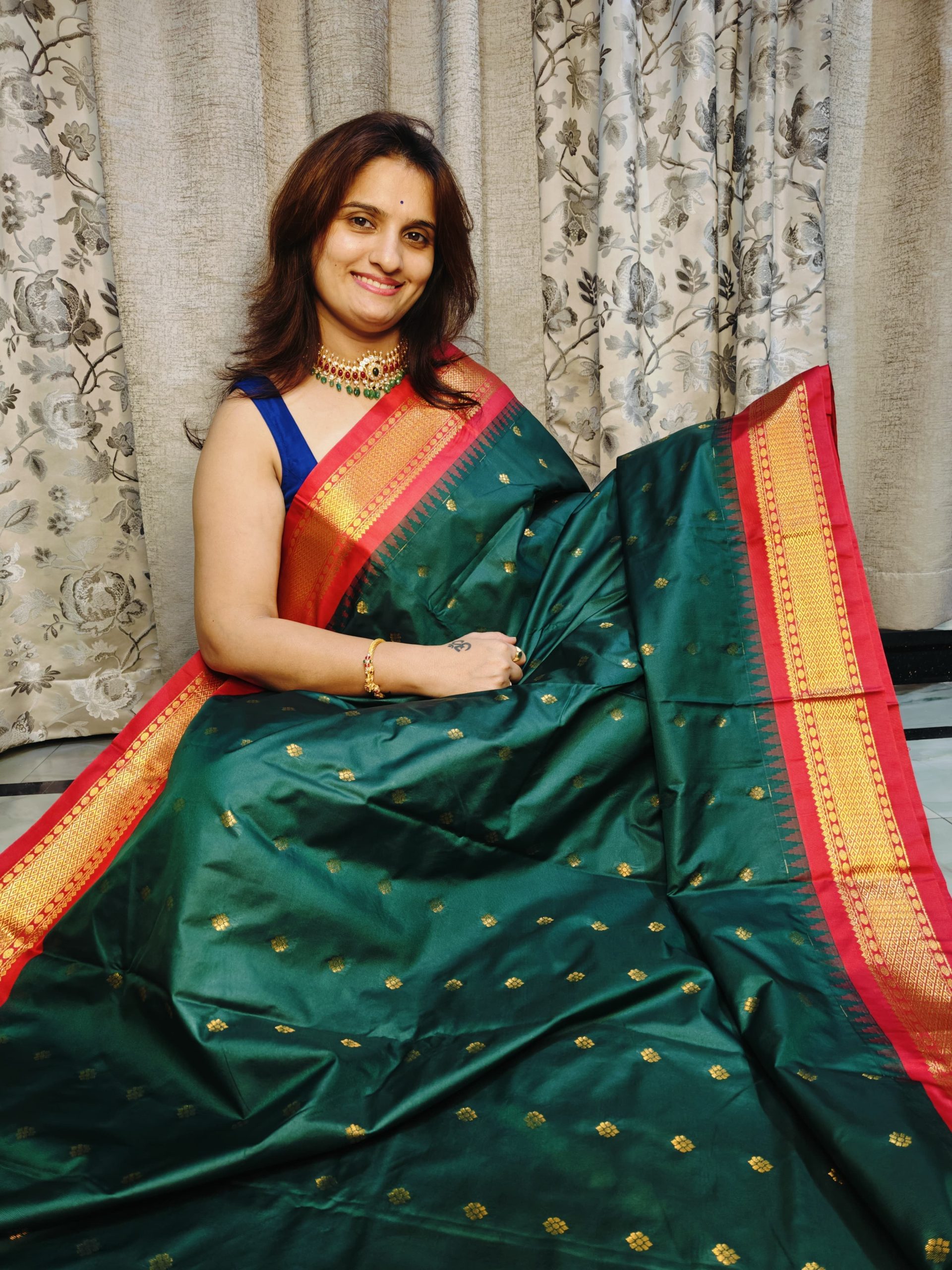Green with Red border Gadwal semi silk saree