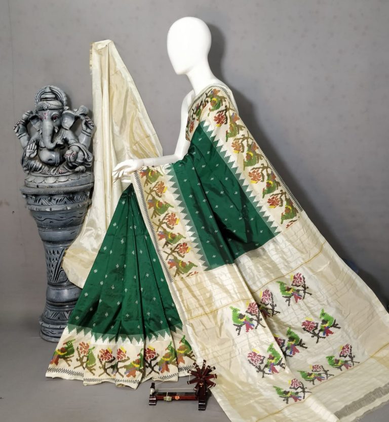 Green with cream border Pochampally ikkat silk saree