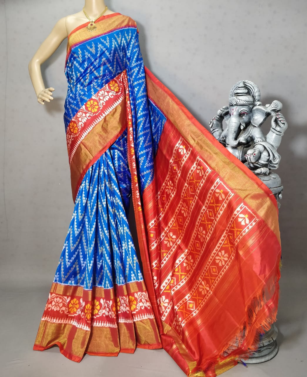 Ink blue with Red border Pochampally ikkat silk saree