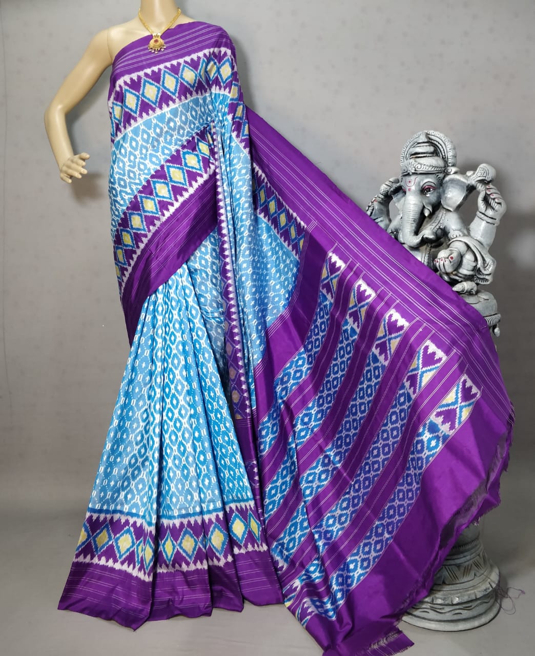 Light Blue With Purple Pochampally Ikkat Silk Sarees