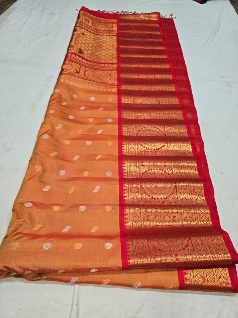 Orange with red border in small Butta Pure Gadwa silk saree