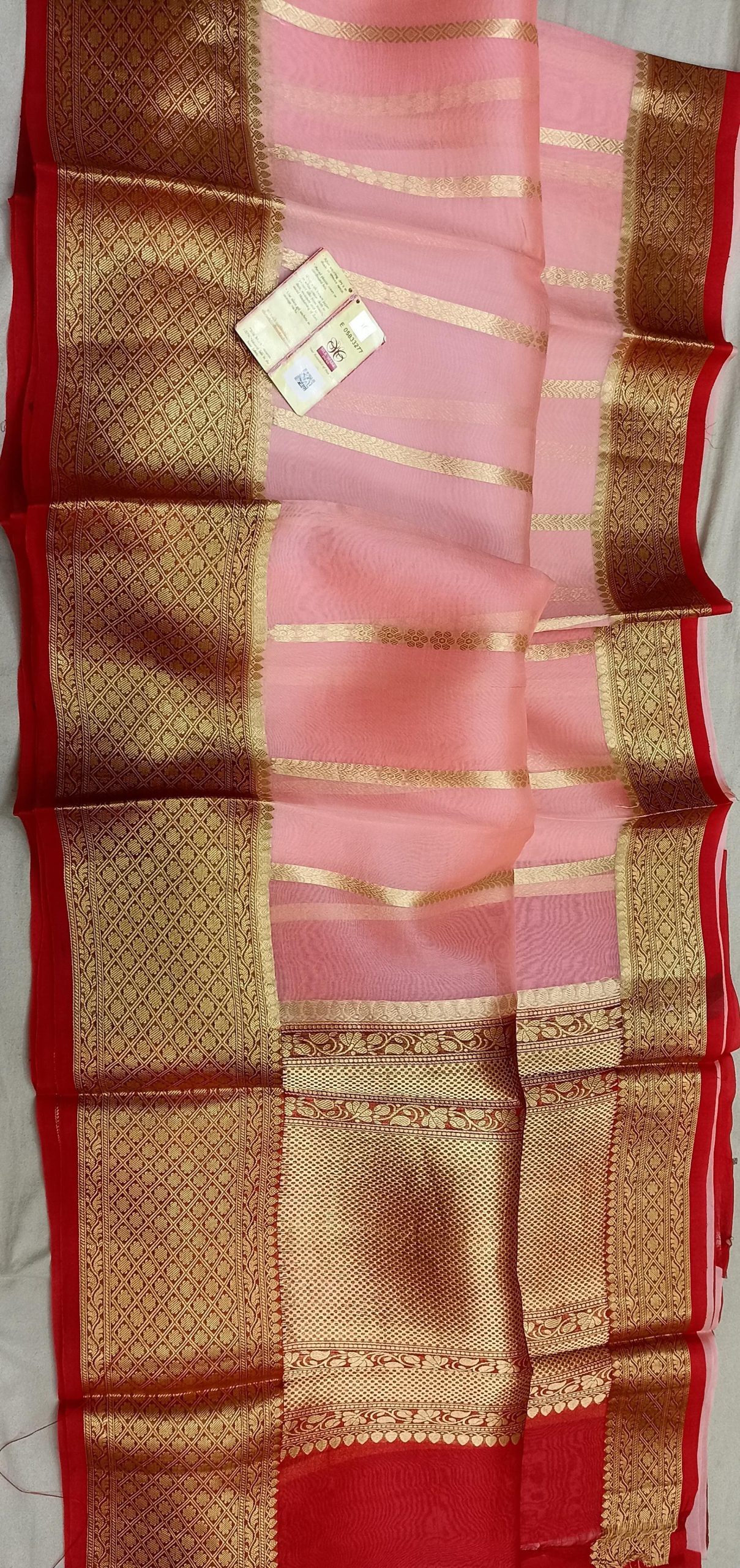 Peach With Maroon Border Banarasi Tissue Silk Saree
