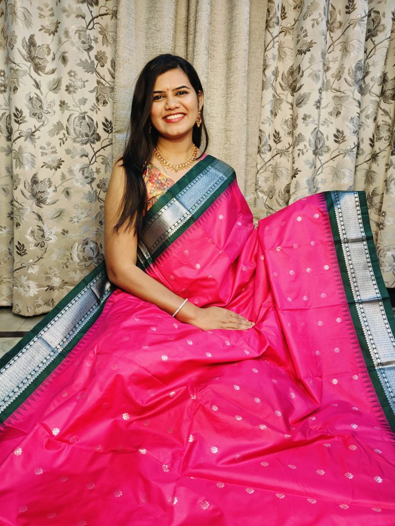 Pink with green border Gadwal semi silk saree