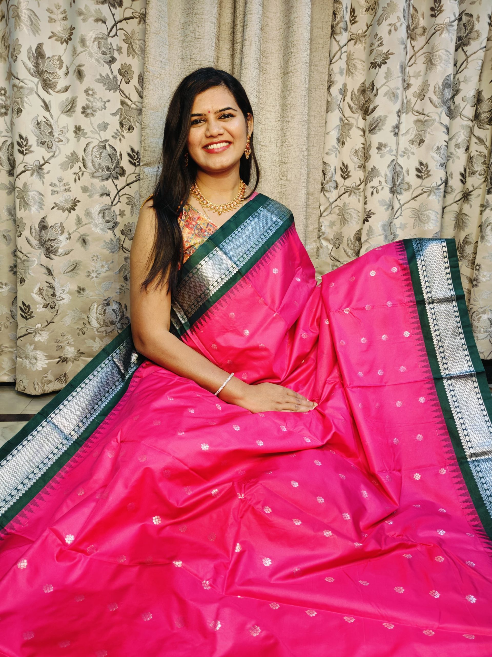 Pink with green border Gadwal semi silk saree