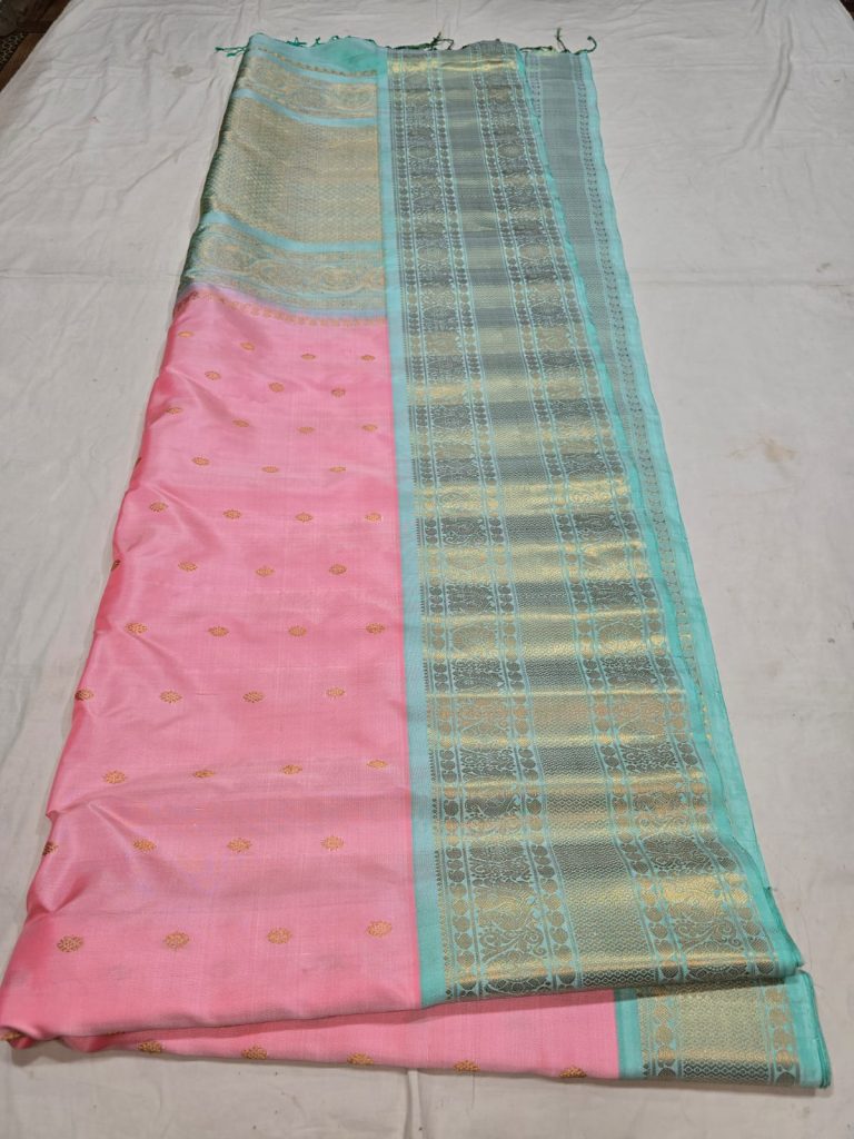 Pink with sea green in small Butta Pure Gadwa silk saree