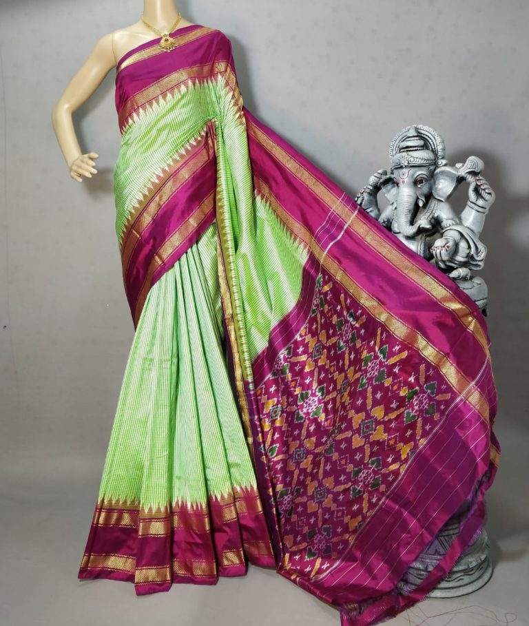 Pista green with pink border Pochampally ikkat silk saree
