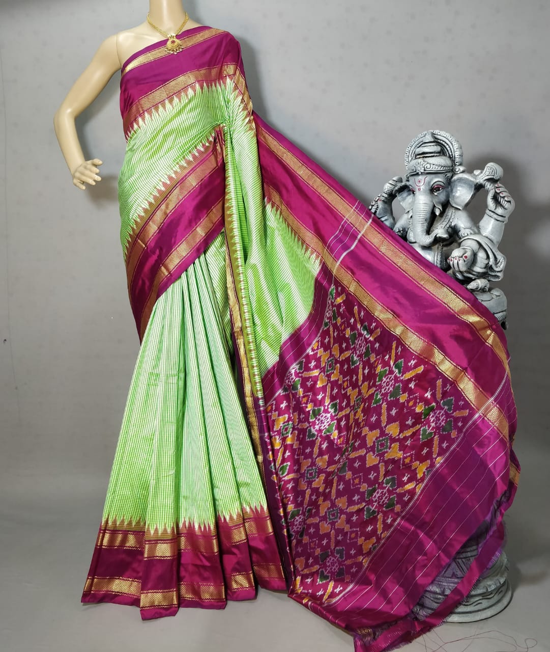 Pista green with pink border Pochampally ikkat silk saree