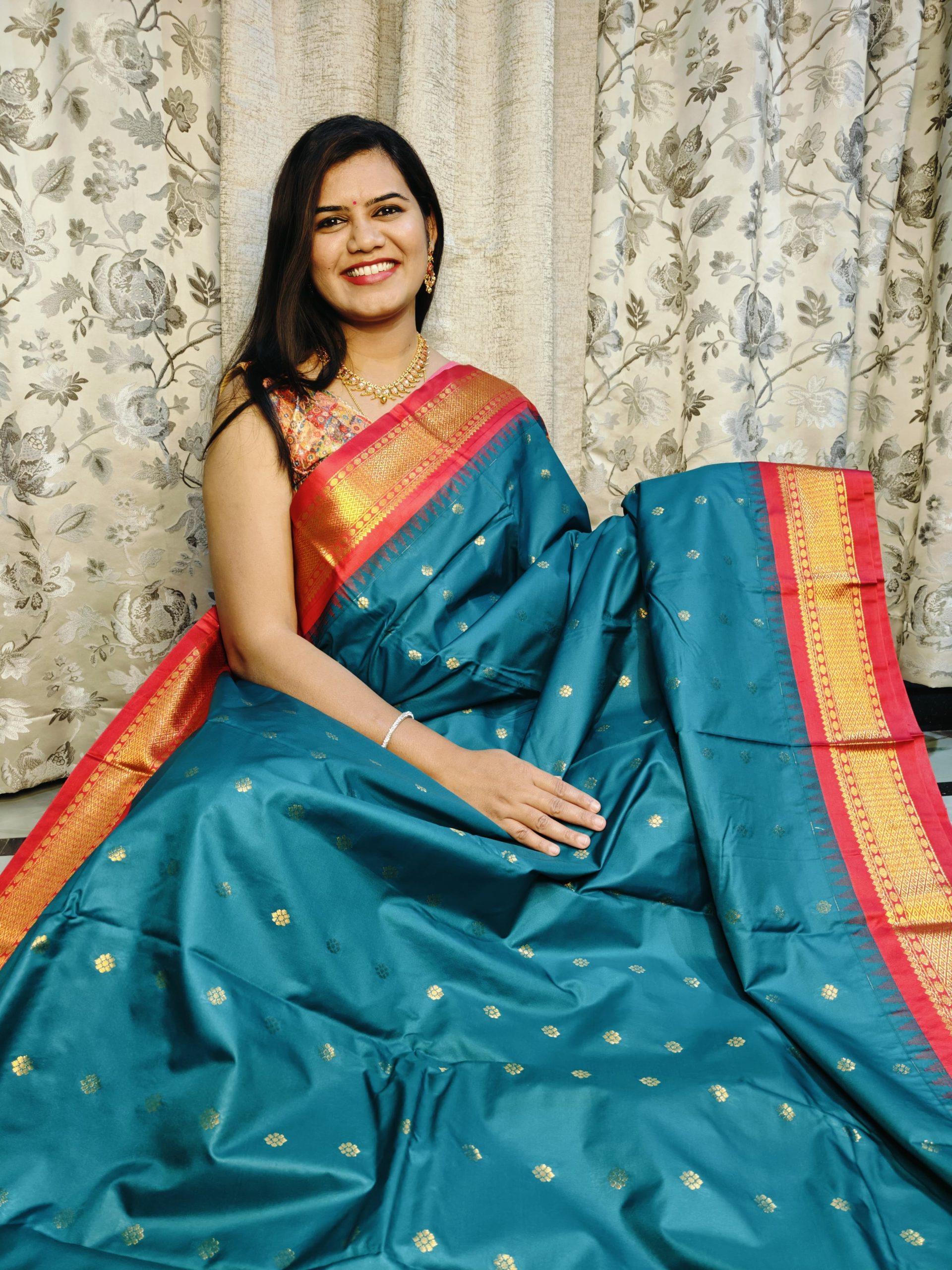 Teal with Red border Gadwal semi silk saree