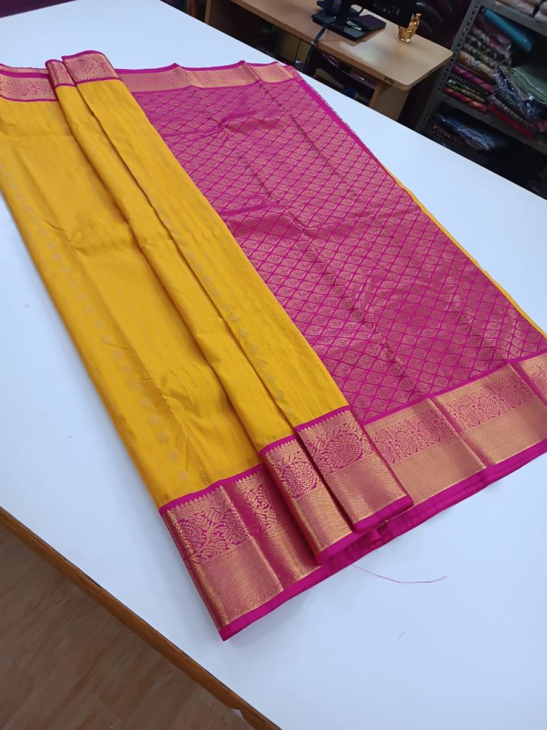 Yellow With Pink Border Kanjeevaram Semi Silk Saree
