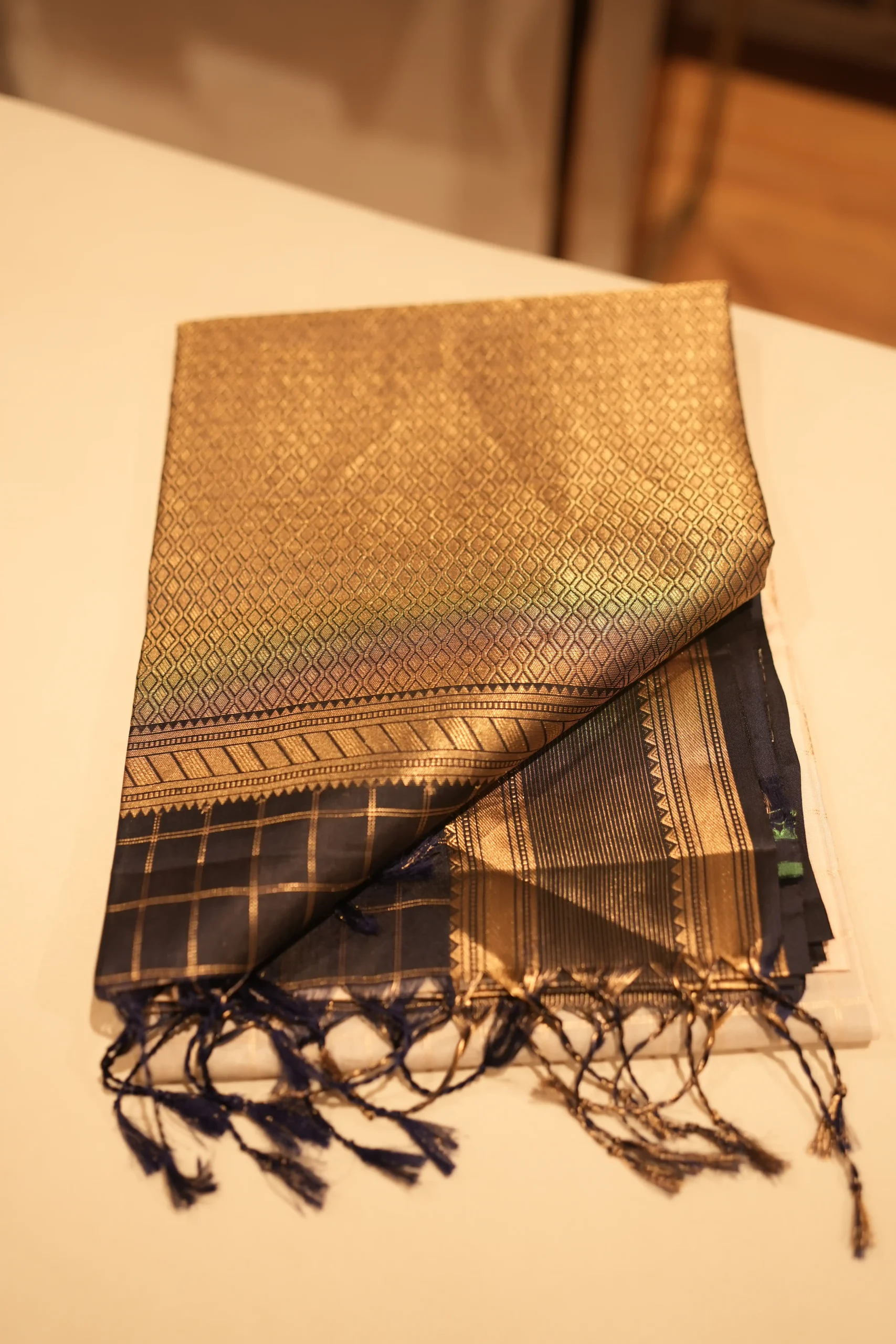 Ivory And Blue Soft Silk Saree