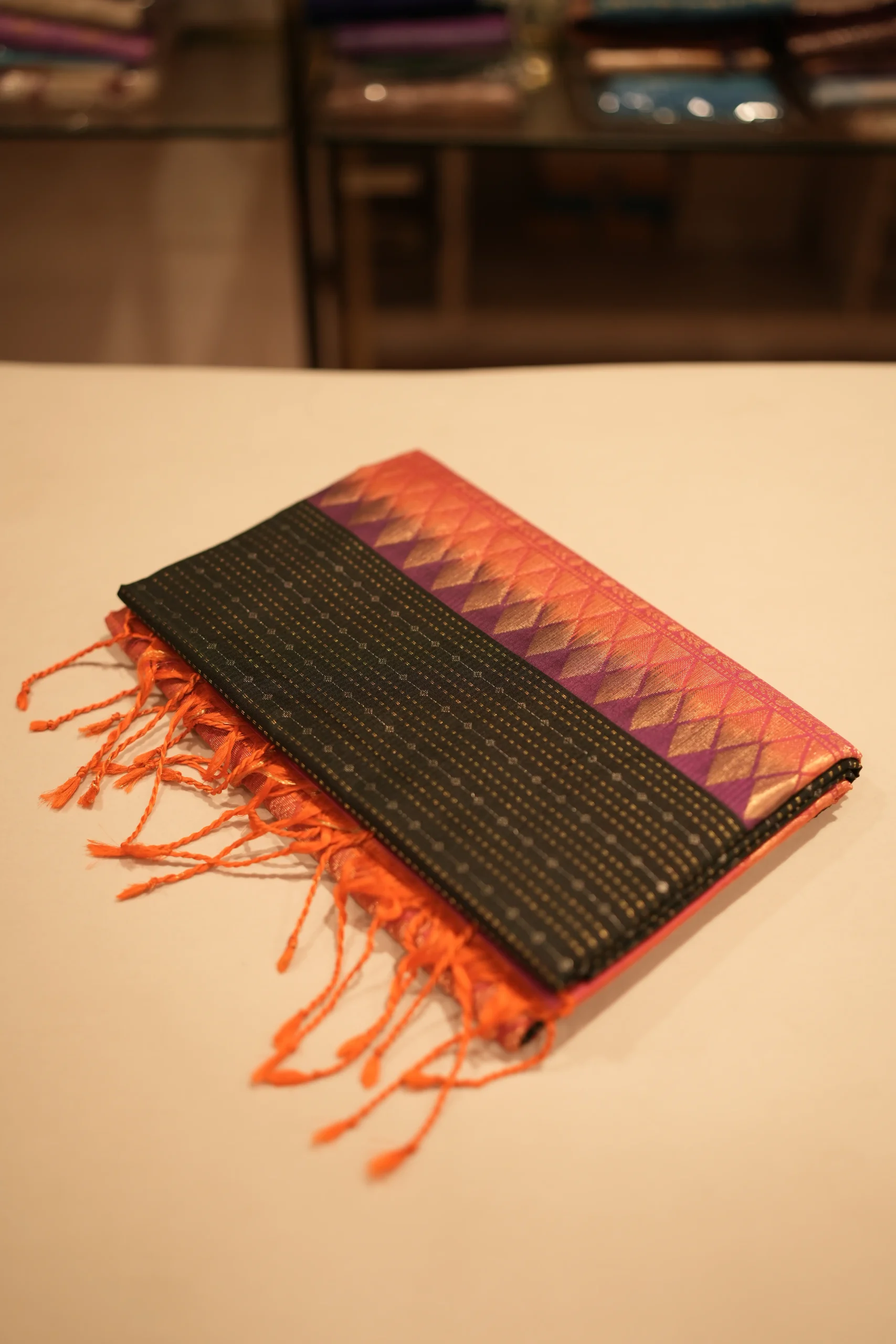 Peach And Black Soft Silk Saree